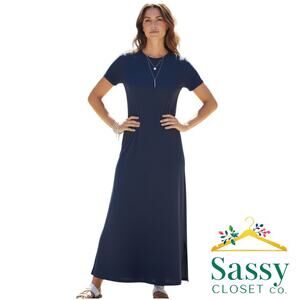 Nicole Miller Navy Ribbed Knit Maxi Dress Pockets Side Slits Size M EUC